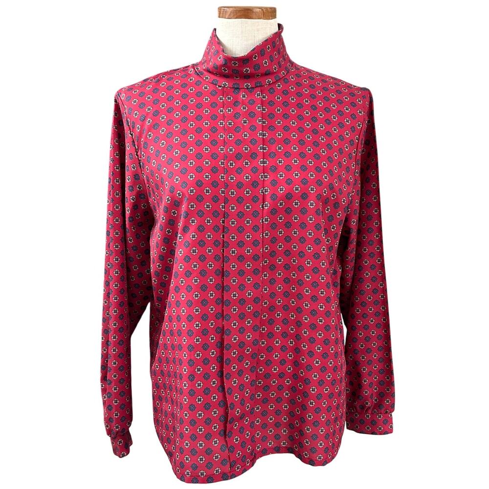 Vintage 50s Lady Holiday Foulard Print Blouse M High Neck Keyhole Retro Modest